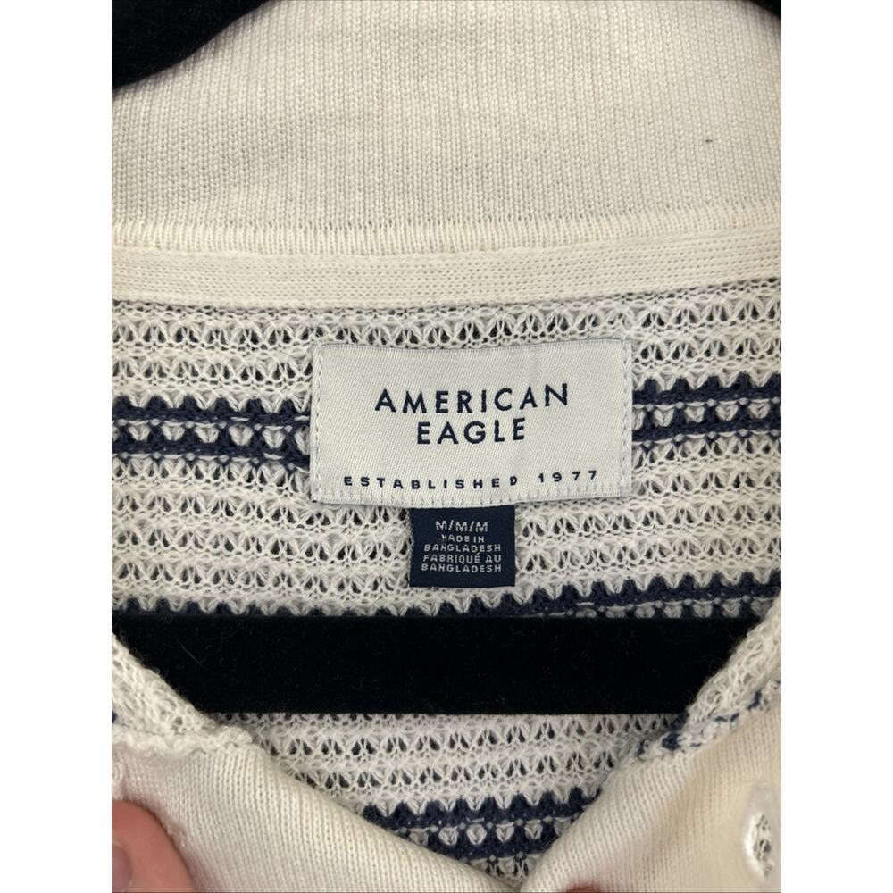 Men’s American Eagle Outfitters Knit Polo M White Navy Stripe Cotton Blend VTG